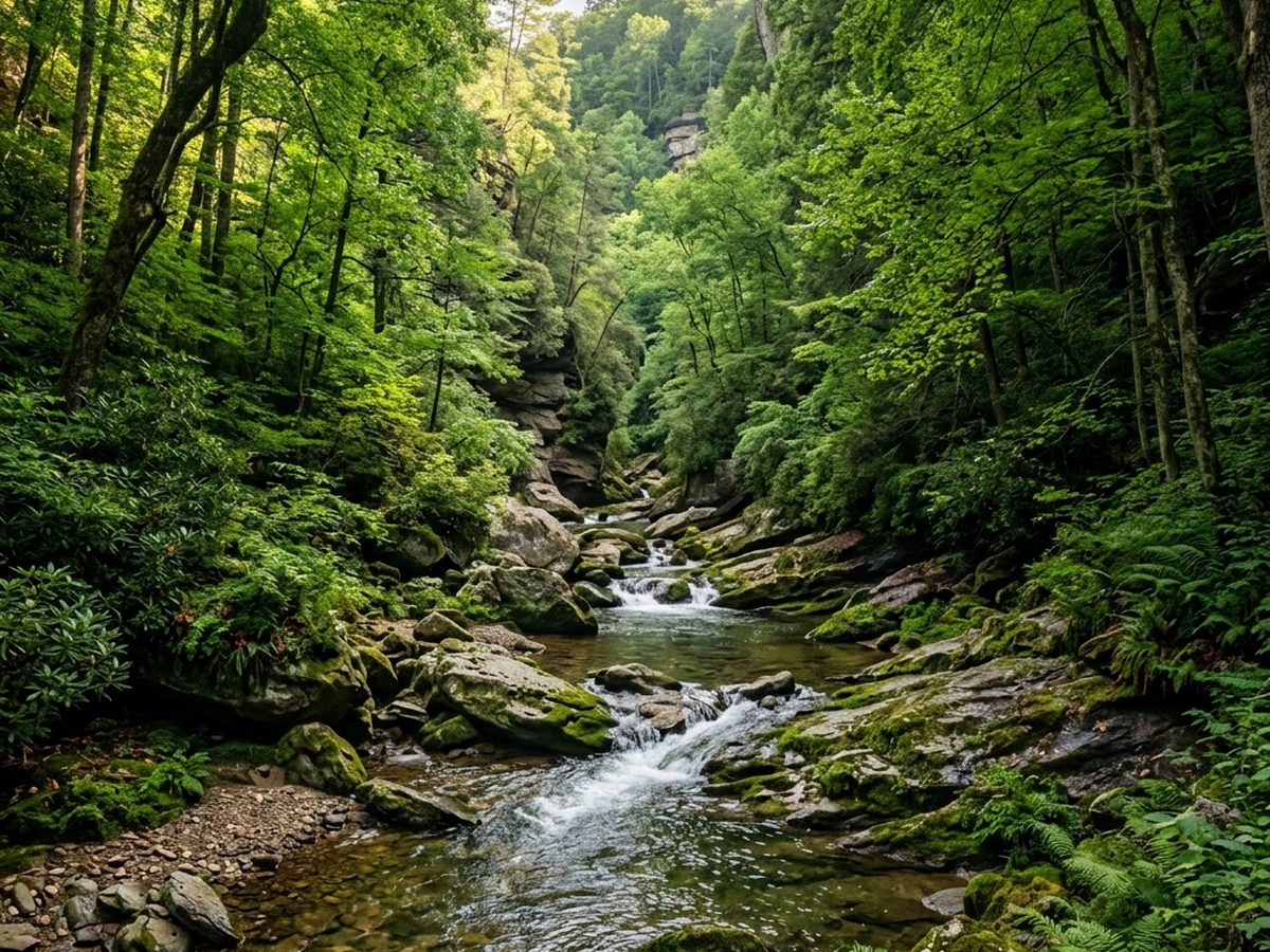 A creek running through a wooded North Georgia gorge in summer.