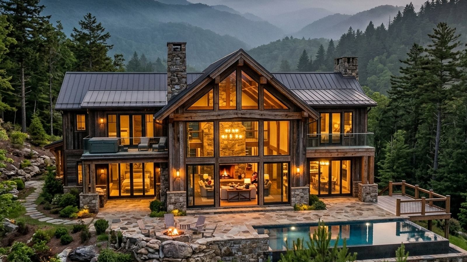 A timber and stone mountain home at dusk, its windows lit from within, with layered North Georgia ridges receding into mist behind it.