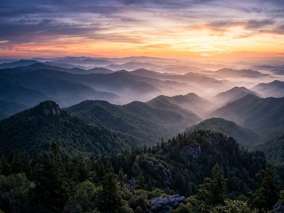 A lone hiker on a rock outcrop at sunrise, layered North Georgia ridges receding into mist below.
