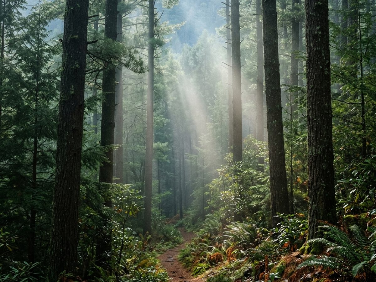 Morning light breaking through tall pines onto a narrow trail in the North Georgia woods.